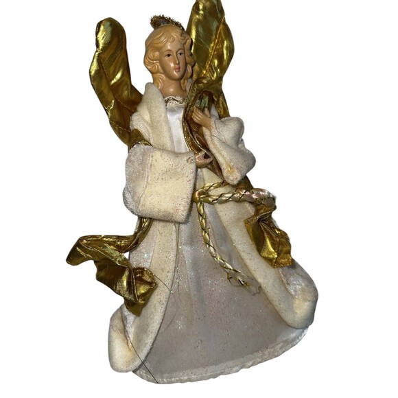 Vintage Gold Wing Angel Tree Topper White Velvet Gown Classic Christmas Angel - Picture 5 of 10